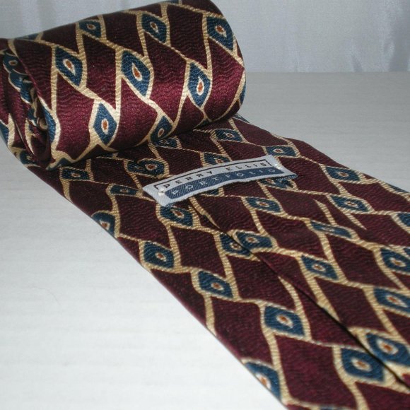 Perry Ellis Silk Tie Burgundy Ivory Diamond Print - Picture 2 of 2